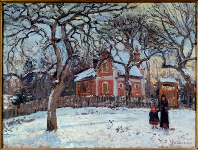 Kastanja ja Louveciennen maisema lumessa. Camille Pissarron (1830-1903) maalaus 1872 Su. 0,41x0,52 m Pariisi, musee d