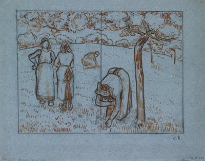 Koostumustutkimus neljästä naistalonpojasta, jotka työskentelevät hedelmätarhassa "Kevät", c1894 tekijältä Camille Pissarro