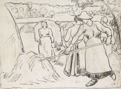 Kompositiotutkimus harvestereista maisemassa, c1893 tekijältä Camille Pissarro