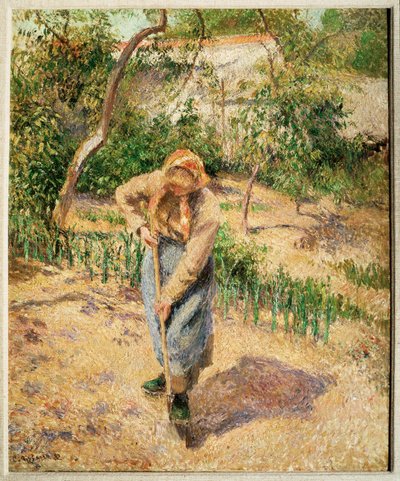 Maanviljelijä kaivaa hedelmätarhassa (öljy kankaalle) tekijältä Camille Pissarro
