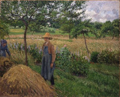 Puutarhuri seisoo heinäsuovalla, pilvinen taivas, Éragnyn kaupunki. tekijältä Camille Pissarro