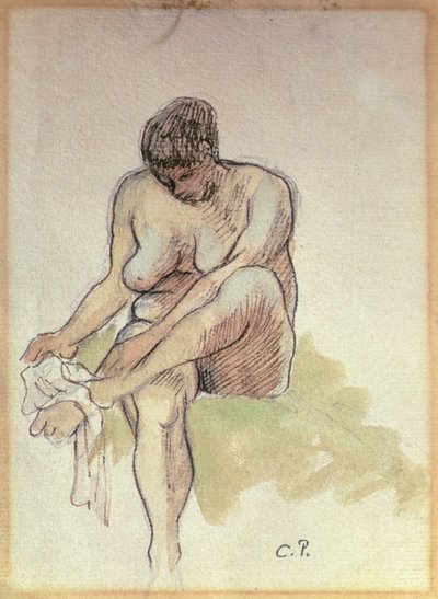 Alaston nainen pyyhkiä vasenta jalkaa (lyijykynä, pesu ja kynä ja seepiamuste paperille) tekijältä Camille Pissarro