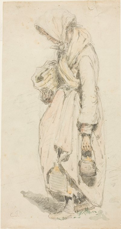 Talonpoikaisnainen (etusivu); poika kalastusvavan kanssa (kääntöpuoli). tekijältä Camille Pissarro