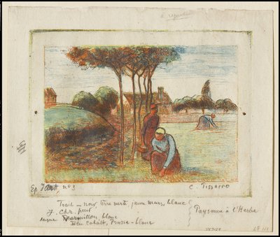 Talonpoikaisnaiset ruohoa kitkemässä, n. 1894 (etsaus painettu sinisellä, punaisella, keltaisella ja mustalla kermanväriselle paperille) tekijältä Camille Jacob Pissarro