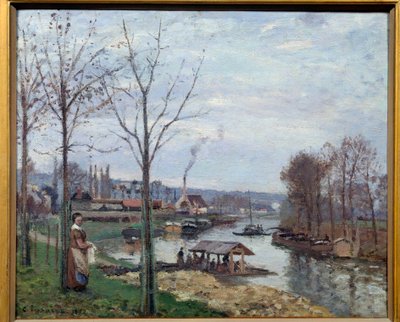 Port Marly (Port-Marly), pesuhuone Näkymä pesulasta Seinen varrella. Camille Pissarron (1830-1903) maalaus 1872 Su. 0,46x0,56 m Pariisi, musee d
