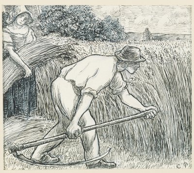 The Harvest, n. 1895 (kynä ja muste lyijyvalkoisella guassilla paperilla) tekijältä Camille Jacob Pissarro