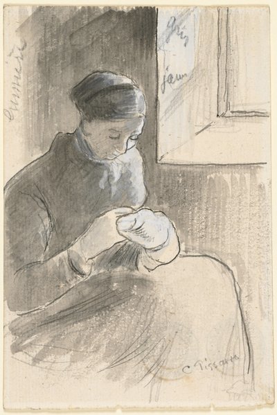 Parantaja, n.1881 (tussi, mustaa tussia, sivellin ja harmaa pesu grafiitin päällä, korotettu valkoisella guassilla). tekijältä Camille Pissarro
