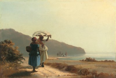 Kaksi naista juttelemassa meren rannalla, St. Thomas tekijältä Camille Pissarro