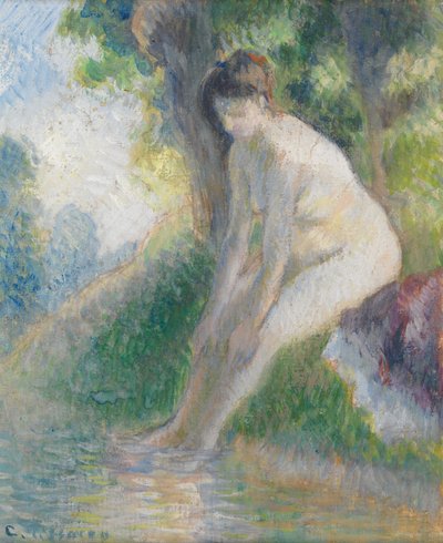 Nainen istuu Bank of Streamissa, n. 1895 (gouassi laivalla) tekijältä Camille Pissarro