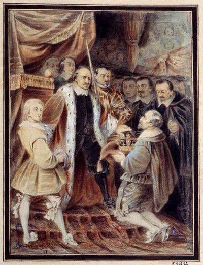 Olivier Cromwell (1599-1658) kieltäytyi kruunusta Ison-Britannian tasavallan Lord Protectorin kruunuksi ehdottivat Humble Petition ja Avis (uusi parlamentti) vuonna 1658. Akvarelli Camille Rogier (1810-1893) 1835 Paris, Maison Victor Hugo tekijältä Camille Rogier