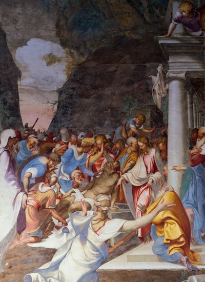 Lasaruksen ylösnousemus, fresko Camillo Boccaccinon (1501-1546), Pyhän Sigismondon kirkko, Cremona, Lombardia, Italia tekijältä Camillo Boccaccino