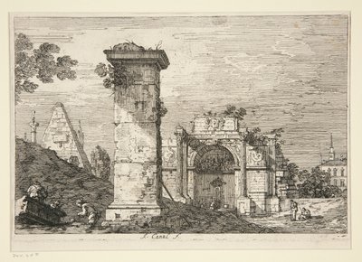 Maisema raunioineen monumentteineen, sarjasta Vedute (Views) tekijältä Canaletto (Giovanni Antonio Canal)