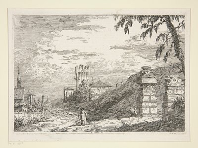 Maisema tornin ja kahden raunioitetun pilarin kanssa, sarjasta Vedute (Views) tekijältä Canaletto (Giovanni Antonio Canal)