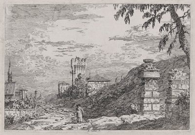 Maisema tornin ja kahden raunioitetun pilarin kanssa, sarjasta Vedute (Views) tekijältä Canaletto (Giovanni Antonio Canal)