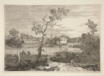 Näkymä kaupunkiin joen rannalla, sarjasta Vedute (Views) tekijältä Canaletto (Giovanni Antonio Canal)