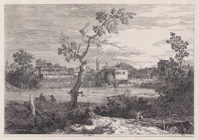 Näkymä kaupunkiin joen rannalla, sarjasta Vedute (Views) tekijältä Canaletto (Giovanni Antonio Canal)