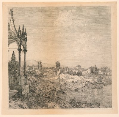 Näkymä kaupunkiin, jossa on piispan hauta tekijältä Canaletto