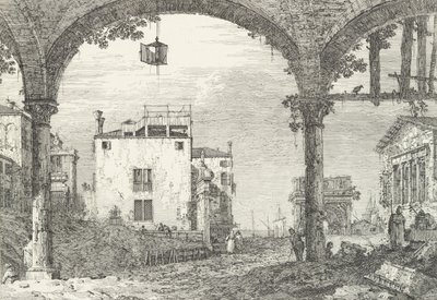 Kolmikaarinen eteinen, jossa keskellä riippuva lyhty, riemukaari ja raunio..., 1735-46. tekijältä Canaletto