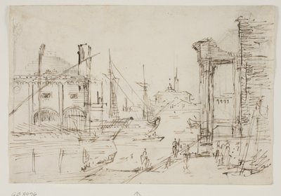 Capriccio klassisten raunioiden kanssa laiturilla, venevaja, kaksi keittiötä, takana kaksi purjelaivan mastoa, taustalla kupolikirkko tekijältä Canaletto