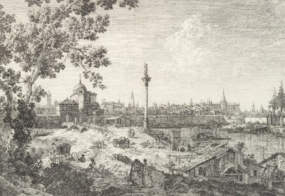 Kuvitteellinen näkymä Padovasta, vasemmalla kampikirkko ja kupolikirkko, pylväs ylitetty..., 1735-46. tekijältä Canaletto