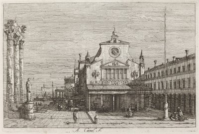 Kuvitteellinen näkymä S. Giacomo di Rialtoon [oikea yläkulma] tekijältä Canaletto