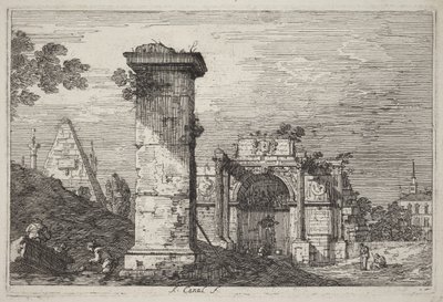 Maisema ja raunioituneita monumentteja tekijältä Canaletto