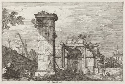 Maisema raunioineen monumentteineen [oikealla] tekijältä Canaletto