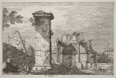 Maisema ja raunioituneita monumentteja [oikealla] tekijältä Canaletto