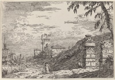 Maisema tornin ja kahden raunioitetun pilarin kanssa, n. 17351746. tekijältä Canaletto