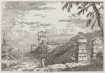 Maisema tornin ja kahden raunioitetun pilarin kanssa [vasemmalla], n. 17351746. tekijältä Canaletto