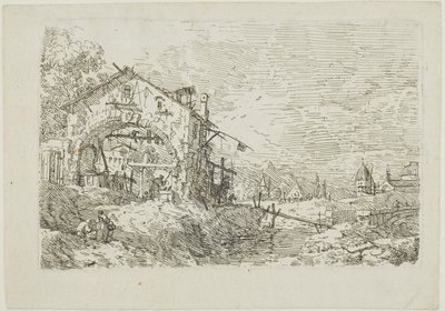 Maisema naisen kanssa kaivossa, Vedutelta tekijältä Canaletto