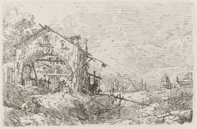 Maisema naisen kanssa kaivossa [alas vasemmalla], c. 17351746. tekijältä Canaletto
