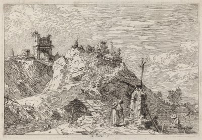 Maisema pyhiinvaeltajan kanssa rukouksessa, n. 17351746. tekijältä Canaletto