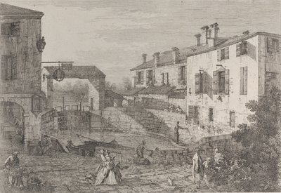 Le porte del Dolo: Dolon sulkujen soikea allas, laituriin kiinnitetty proomu..., 1735-46. tekijältä Canaletto