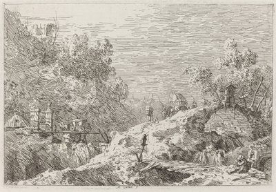 Vuoristomaisema ja viisi siltaa [alhaalla oikealla] tekijältä Canaletto