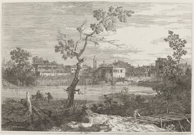 Näkymä kaupunkiin joen rannalla tekijältä Canaletto