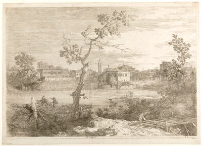Näkymä joen rannalla sijaitsevaan kaupunkiin sarjasta "Näkymiä" tekijältä Canaletto