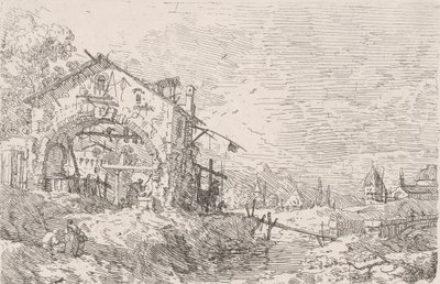 Nainen ammentaa vettä kaivosta pelihallin alta vasemmalla, maisema oikealla, 1..., 1717-68. tekijältä Canaletto