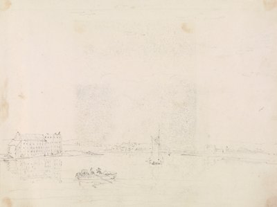 Luonnos veneistä ja suuresta rakennuksesta Medina-joen toiselta puolelta tekijältä Capt. Thomas Hastings
