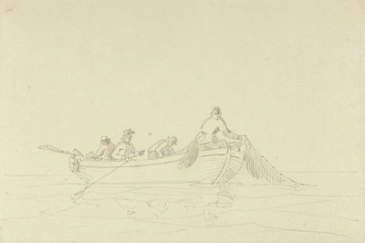 Luonnos kalastajista veneessä tekijältä Capt. Thomas Hastings