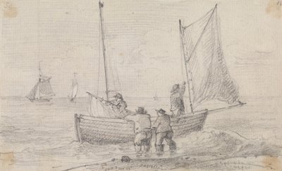 Piirros ryhmästä, joka valmistelee purjeita lähellä rantaa, Hastings tekijältä Capt. Thomas Hastings