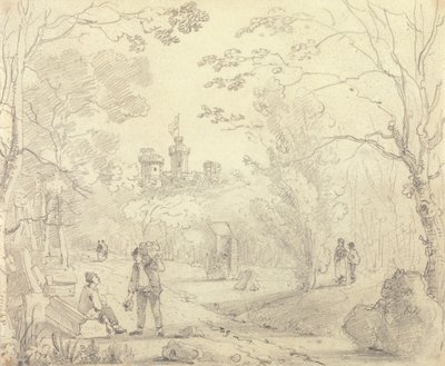 Luonnos puistomaisemasta, jossa East Cowesin linna on kaukana Wightin saarella tekijältä Capt. Thomas Hastings