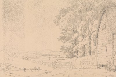 Luonnos olkikattoisesta rakennuksesta ja joesta sen takana tekijältä Capt. Thomas Hastings