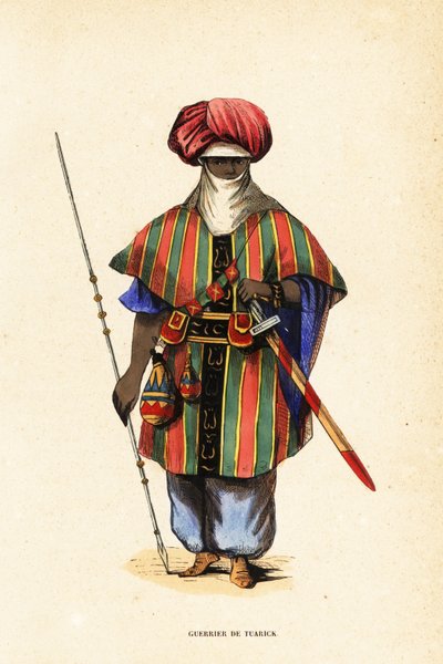 Jalo tuareg-soturi Agadezista, Nigeristä, tagelmustissa (turbaani ja verho), taktkatissa (paita) ja akarbeyssä (housut) tekijältä Captain George Francis (after) Lyon