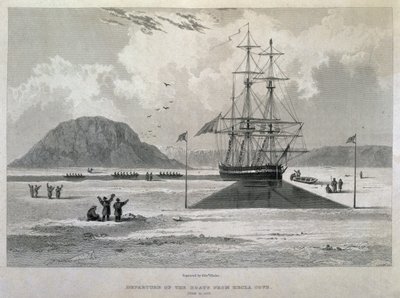 Veneiden lähtö Hecla Covesta, 21. kesäkuuta 1827, Journal of a Third Voyagesta luoteisväylän löytämiseksi Atlantilta Tyynellemerelle vuosina 1824-25 H.M.s. tekijältä Captain George Francis Lyon