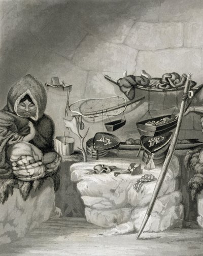 Eskimo-lumimajan sisustus, Winter Island 1822, kaiverrus Edward Francis Findenin (1791-1857) pubissa. Kirjailija: John Murray, 1824 tekijältä Captain George Francis Lyon