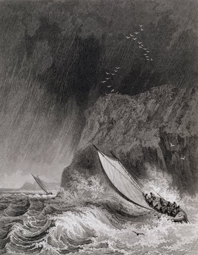 Veneet Walden Islandin edustalla lumimyrskyssä 12. elokuuta 1827 Journal of a Third Voyagesta Atlantin valtameren luoteisväylän löytämiseksi vuosina 1824-25 tekijältä Captain George Francis Lyon