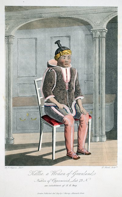 Kallie, grönlantilainen, Oppernivickistä kotoisin oleva nainen, kuvitus teoksesta "A Voyage of Discovery...", 1819 (käsinvärinen kaiverrus) tekijältä Captain Hoppner