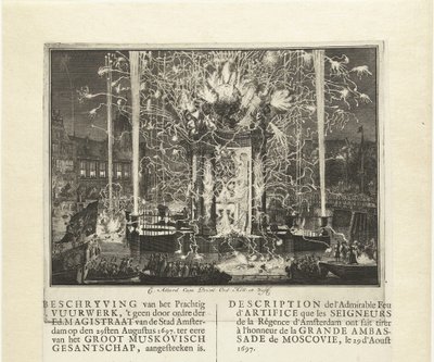 Ilotulitus juhlii Muskovian suurlähetystön saapumista Amsterdamiin 1697, 1697 tekijältä Carel Allard