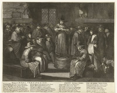 Sarjakuva Englannin kveekereista, noin 1656 Quaaker Meeting / Fronti Nulla Fides / The Quakers Meeting (otsikko esineessä) tekijältä Carel Allard
